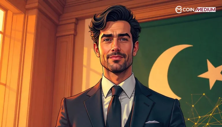Man in suit with Pakistan flag backdrop.
