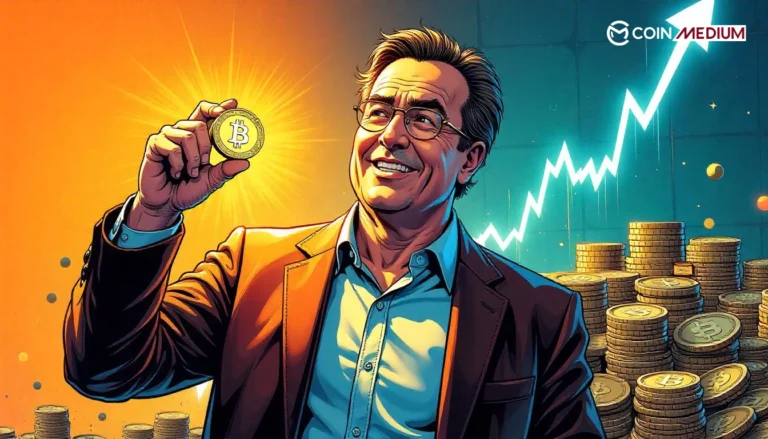 Man holding Bitcoin with rising graph.