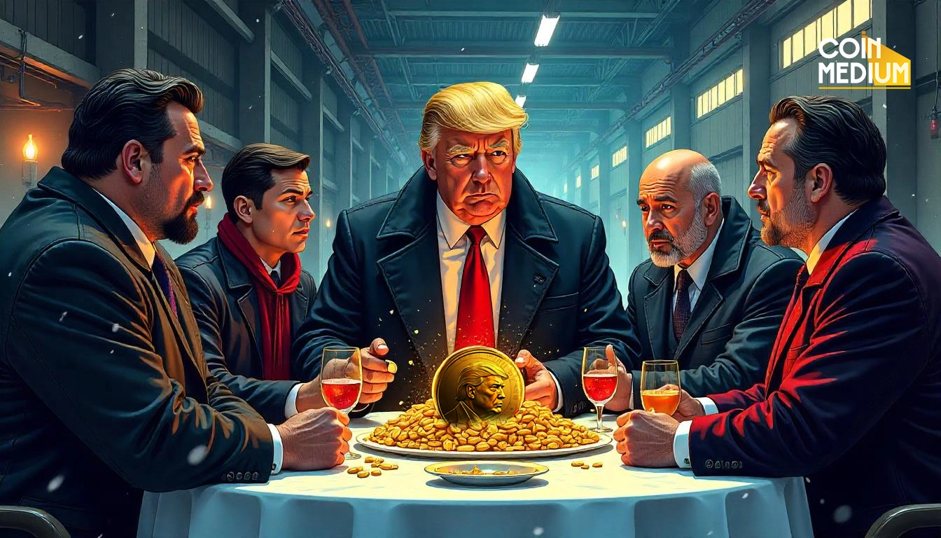 Trump at dinner with guests and coins.