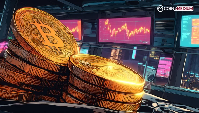 Bitcoin coins with trading screens background
