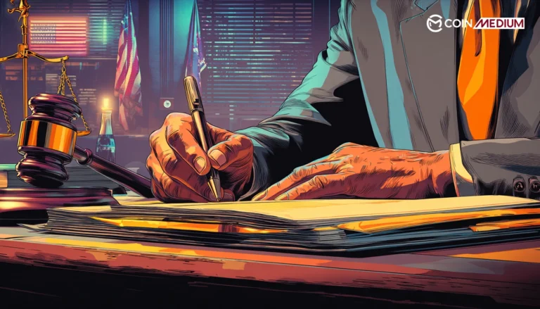 Person signing legal documents at desk.