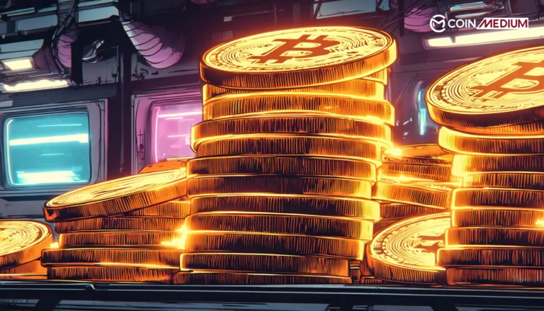 Stacks of glowing Bitcoin coins
