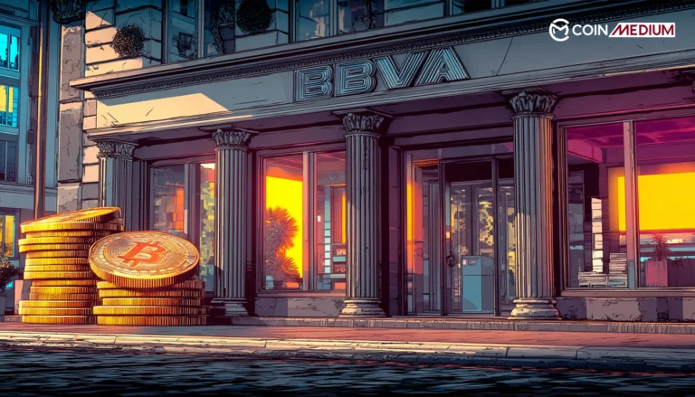 BBVA building with Bitcoin coins.