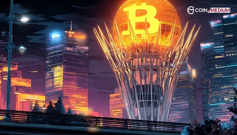 Futuristic cityscape featuring Bitcoin symbol.