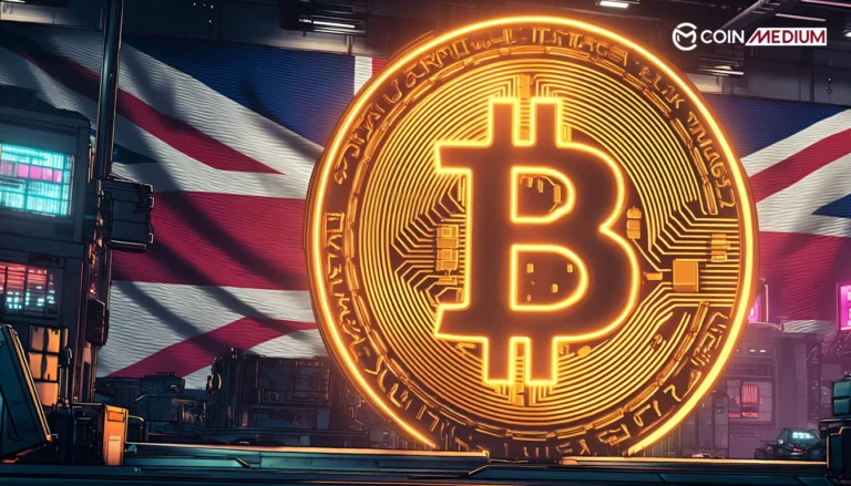 Bitcoin symbol with UK flag background