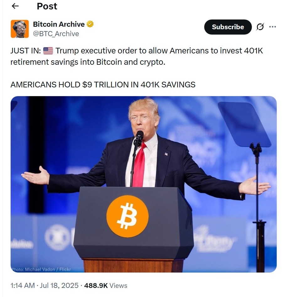 Trump discusses Bitcoin and 401K savings