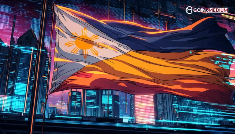 Philippine flag in futuristic cityscape