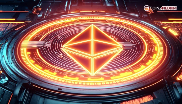 Glowing Ethereum logo on digital background