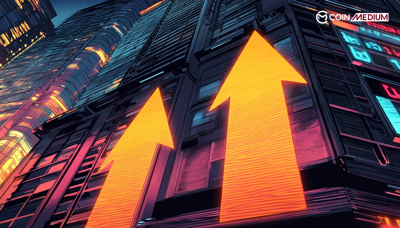 Buildings with upward arrows, vibrant colors