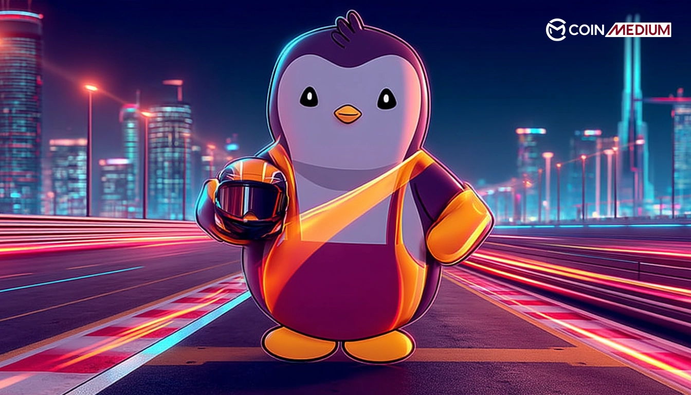 Penguin mascot in racing outfit.