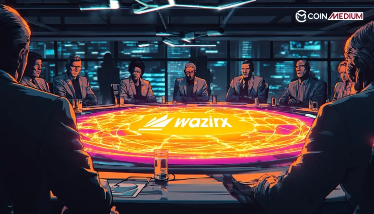 Business meeting with WazirX logo.