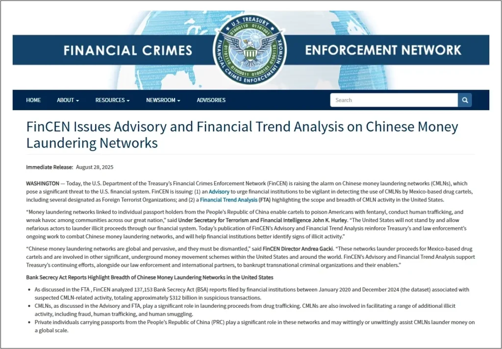 FinCEN findings on Thursday showing Chinese money laundering networks moved $312 billion through American banks between 2020 and 2024.