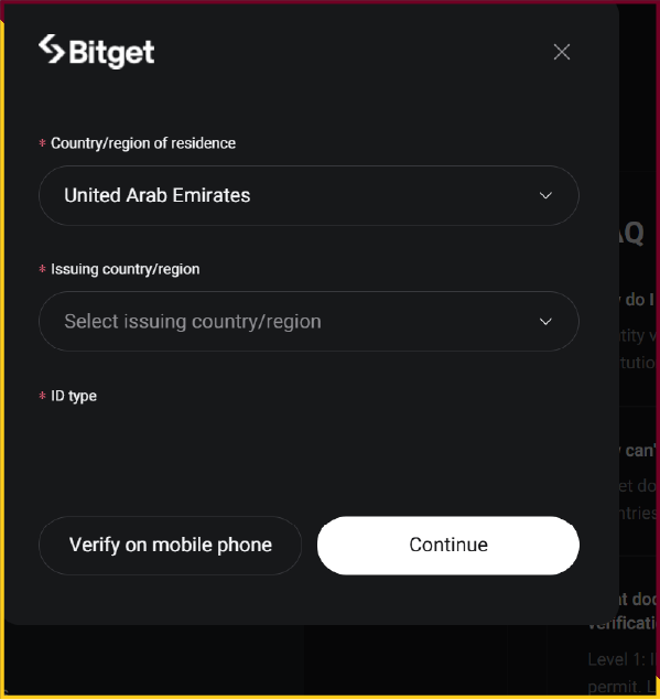 Select the region of residence in order for the exchange website to easily verify your documents.