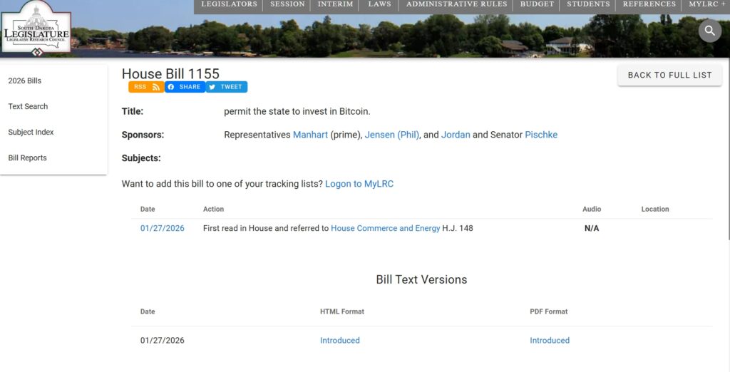 South Dakota Lawmaker Revives Bill State Bitcoin Reserve