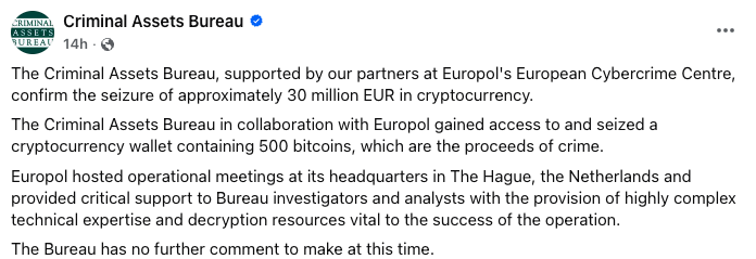 Bitcoin Wallet worth $35 Million Suddenly Unlocked by Irish Police