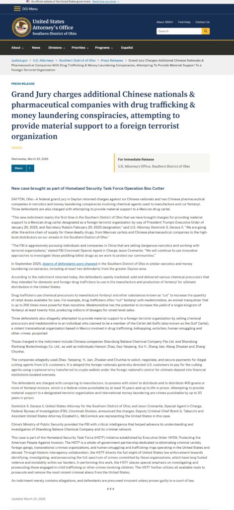 Major Chinese Fentanyl Trafficking Network Uncovered: DOJ statement