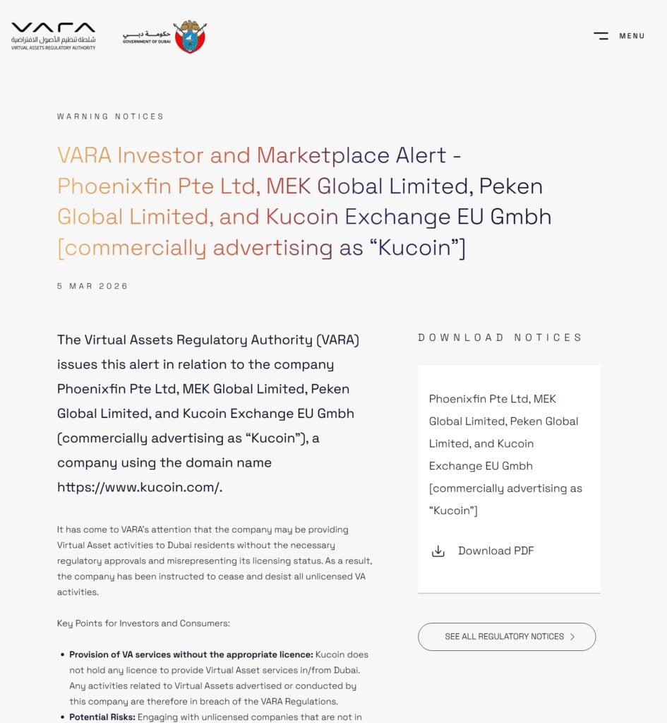 VARA Cracks Down on KuCoin Entities: No License, No Business in Dubai