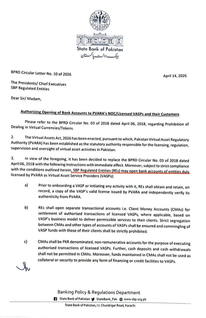Crypto update: BPRD circular letter. Source: Pakistan VARA