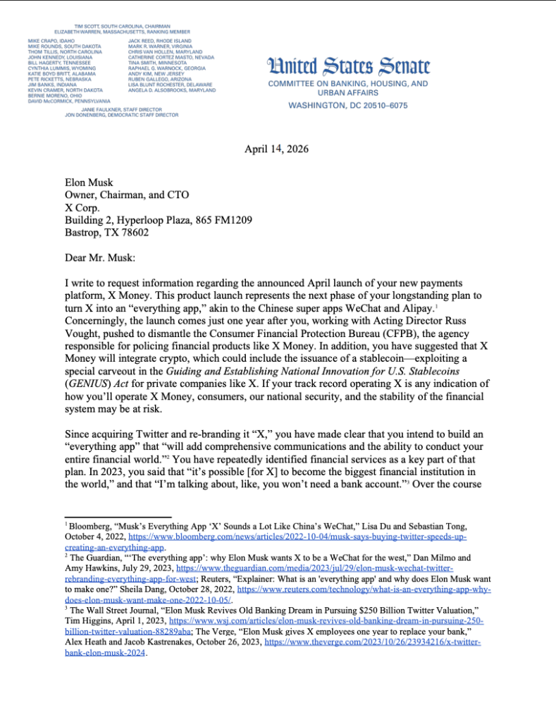 Crypto update: Senator Elizabeth Warren’s letter seeking information about the upcoming X Money launch. Source: Senate Committee on Banking, Housing and Urban Affairs