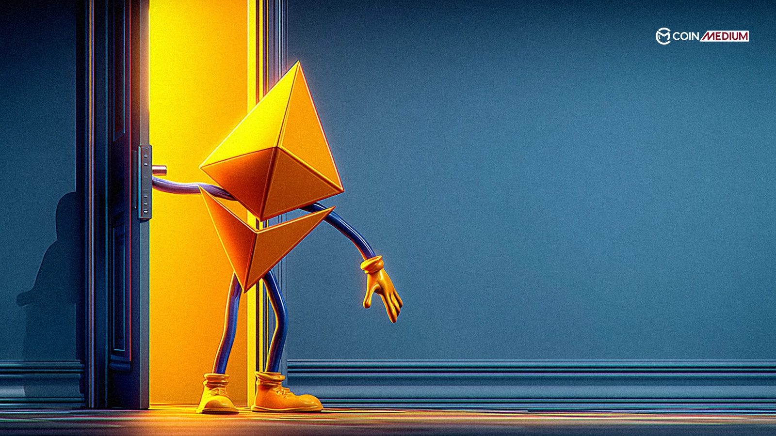 Geometric character opening a door.