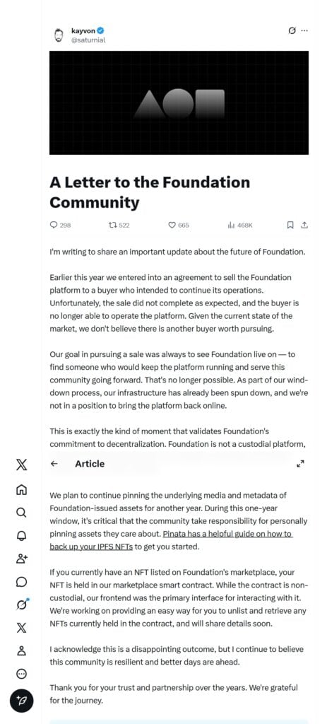 Ethereum NFT platform Foundation letter